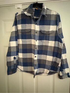 Casual Blue, Gray & White Plaid Button-Down Shirt